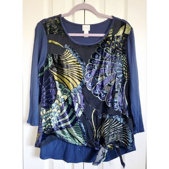 Chico's 1 Burnout Velvet‎ Shirt Multi Blue Round Neck Peacock Feather Front Tie - Picture 1 of 11